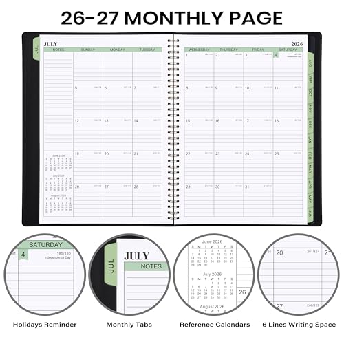 JOJOKALL 2026-2027 Planner - 11.38'' x 8.74'', Weekly & Monthly Planner Notepad, JUL. 2026 - JUN.2027, Appointment Book 2026-2027, 60 Minutes Interval, Monthly Tabs, Faux Soft Leather, Spiral Bound - Black - Image 4
