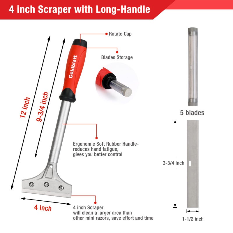 Goldblatt 2 Pieces Glass Scraper Set â€‹with 20-piece Blades - 4 Inch Industrial Floor Scraper Tool with Long-Handle, Heavy Duty Razor Holder for Cleaning Caulk, Paint, Glue on Glass, Tiles, Walls - Image 5