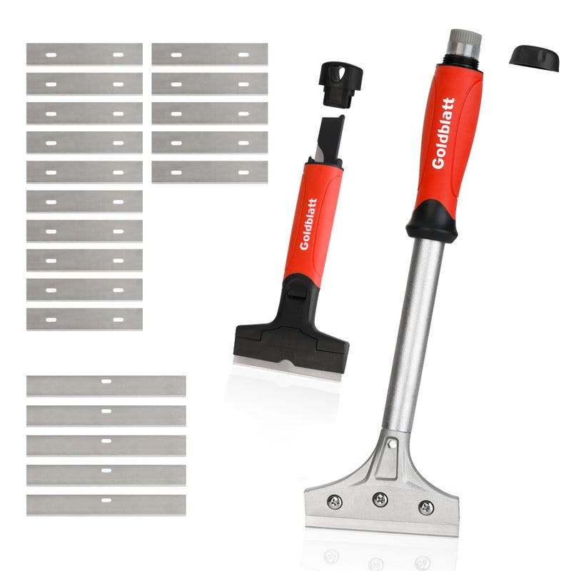 Goldblatt 2 Pieces Glass Scraper Set â€‹with 20-piece Blades - 4 Inch Industrial Floor Scraper Tool with Long-Handle, Heavy Duty Razor Holder for Cleaning Caulk, Paint, Glue on Glass, Tiles, Walls - Image 1