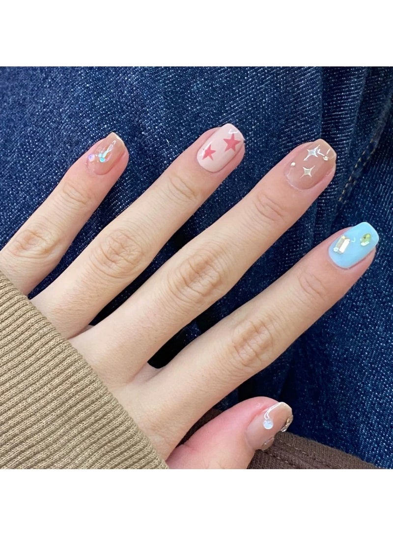 Goolsky أظافر لاصقة مزينة بالنجوم - تصميم يدوي لطيف وأنيق مع نصائح أظافر فاخرة قابلة للفك، 30 قطعة متلألئة - Image 3
