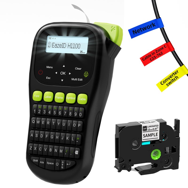 EazeID Industrial Label Maker Machine with-Tape Waterproof, Portable Cable Label Maker with Keyboard, Handheld Wire Labeler with Backlight Screen for Home Office Use, H1100 Black - Image 1