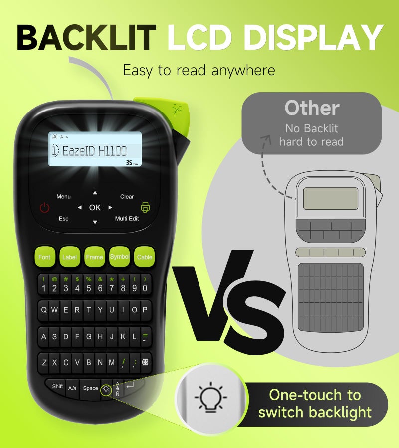 EazeID Industrial Label Maker Machine with-Tape Waterproof, Portable Cable Label Maker with Keyboard, Handheld Wire Labeler with Backlight Screen for Home Office Use, H1100 Black - Image 3
