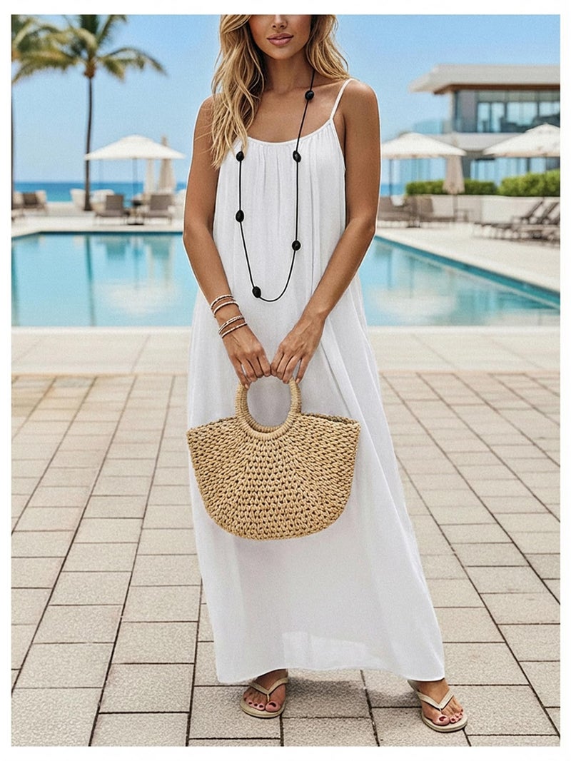 SHENHE Women's Open Back Spaghetti Strap Beach Maxi Dress Loose Flowy Vacation Sundress White X-Small - Image 3