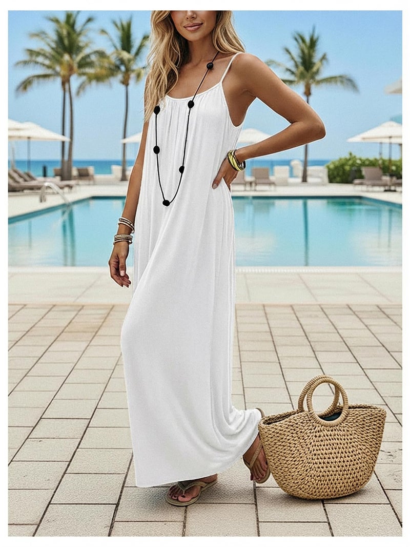 SHENHE Women's Open Back Spaghetti Strap Beach Maxi Dress Loose Flowy Vacation Sundress White X-Small - Image 5