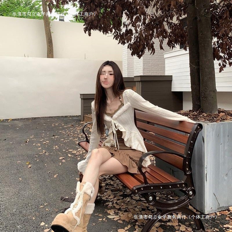 American Retro Wasteland Style Girl Suspender Dress Short Knitted Ruffle Autumn Cardigan Fashion Two-Piece Set - Image 5