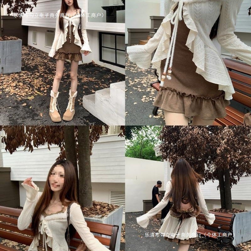 American Retro Wasteland Style Girl Suspender Dress Short Knitted Ruffle Autumn Cardigan Fashion Two-Piece Set - Image 4
