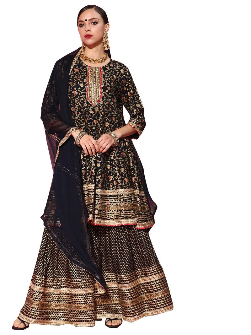 ishin Women's Cotton Anarkali Embroidered Kurta suit Set With Dupatta & Sharara Kpldsrd-19063_XXL_Navy Blue - Image 1