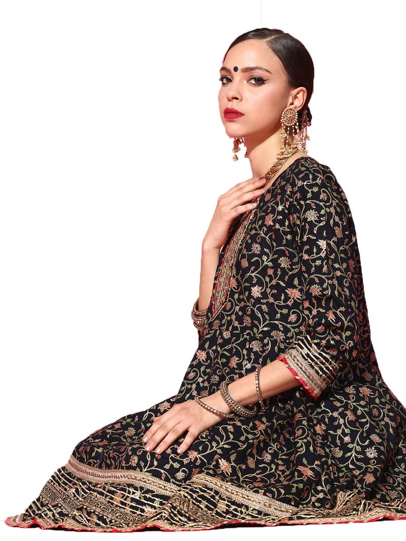 ishin Women's Cotton Anarkali Embroidered Kurta suit Set With Dupatta & Sharara Kpldsrd-19063_XXL_Navy Blue - Image 5