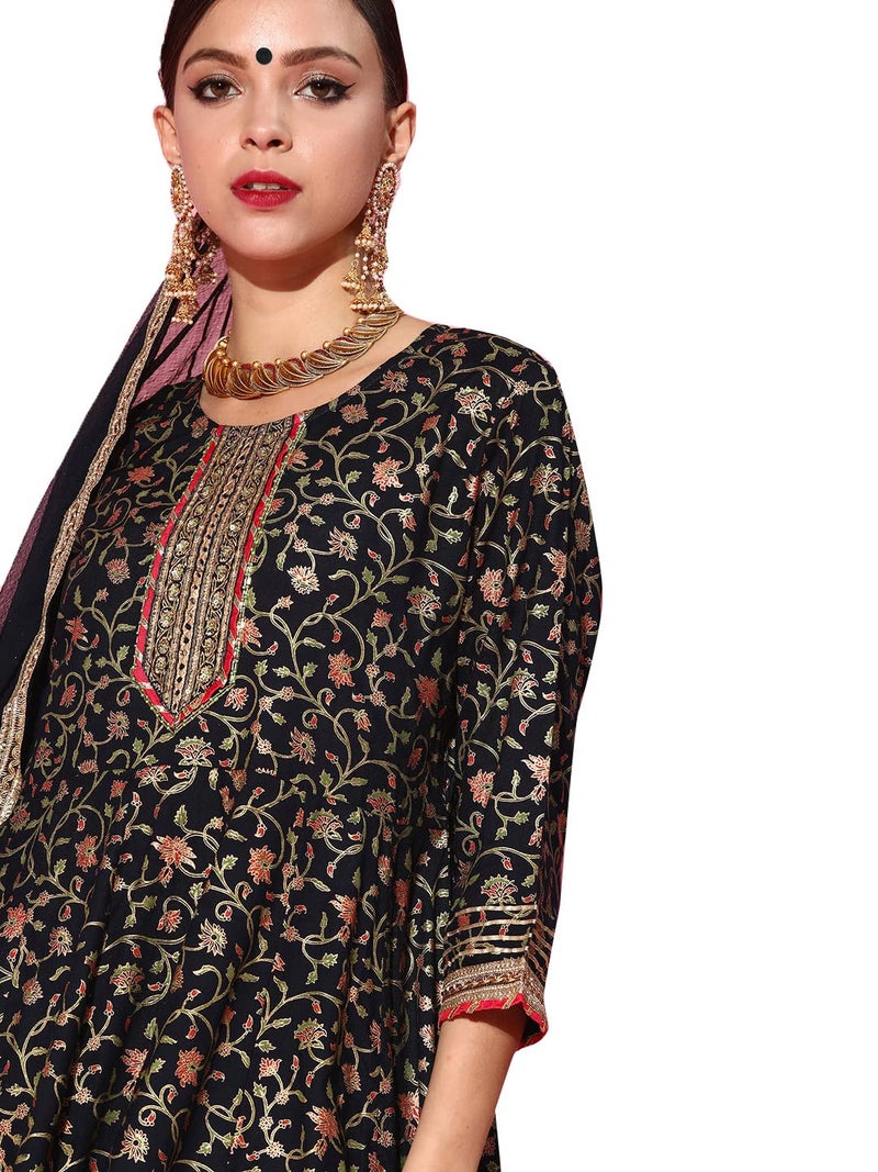 ishin Women's Cotton Anarkali Embroidered Kurta suit Set With Dupatta & Sharara Kpldsrd-19063_XXL_Navy Blue - Image 3