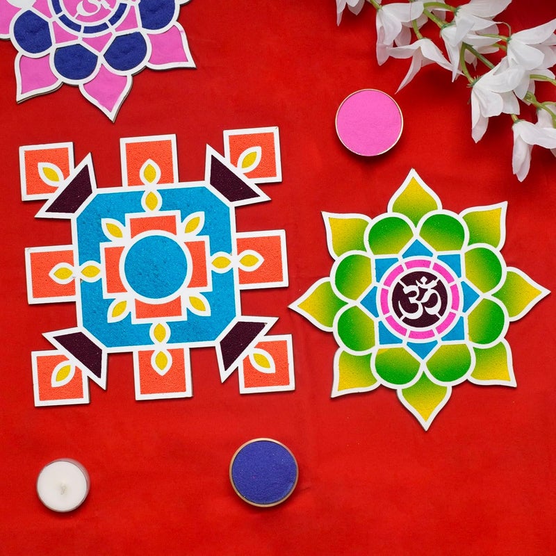 SATVIK Set of 6 Rangoli (8 inches) Stencil for Decor DIY Craft Reusable Rangoli Pallets Templates for Floor Table Just Fill with Rangoli Atta or Grains for Navratri Pongal Pooja Mandir (Design-1) - Image 2