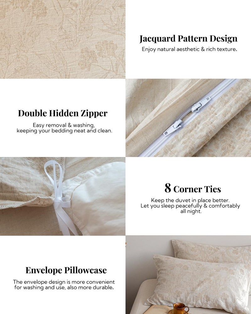 MILDLY Linen Cotton Duvet Cover - Garden Floral Jacquard Textured Comforter Cover Set 3pcs with Zipper Closure Breathable & Minimalist for All Season - Image 4