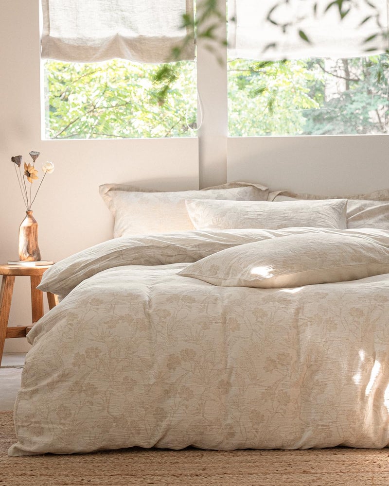 MILDLY Linen Cotton Duvet Cover - Garden Floral Jacquard Textured Comforter Cover Set 3pcs with Zipper Closure Breathable & Minimalist for All Season - Image 1