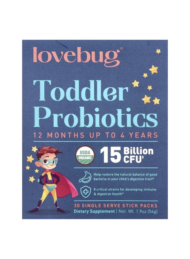 LoveBug Probiotics, Toddler Probiotics, 12 Months Up To 4 Years, 15 Billion CFU, 30 Single Serve Stick Packs, 0.06 oz (1.8 g) Each (Packaging may vary)