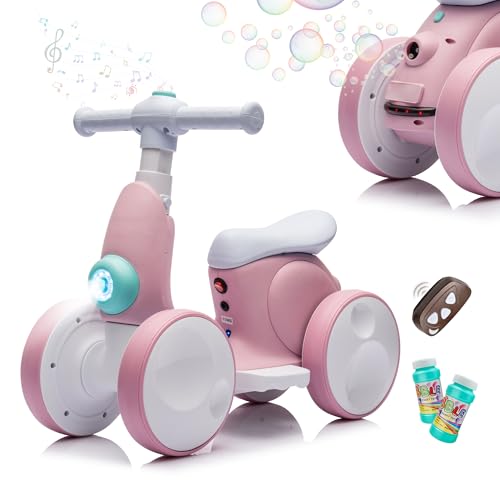 JoyRydz 6V Electric Baby Balance Bike with Bubble Machine4 in 1 Toddler Balance Bike wRemote Control for 1 Year Old Boys Girls Kids Bubble Bike Ride on Toys wPowered MotorMusicLED Lights Pink - Image 1