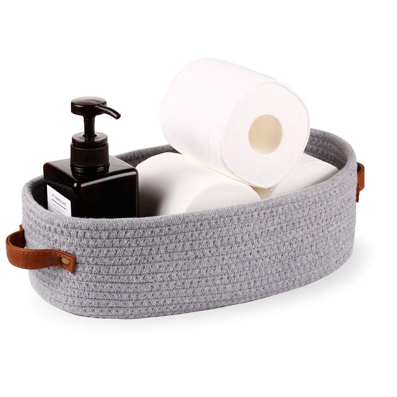 Oradrem Cotton Rope Small Woven Toilet Paper Room Storage Basket with Handles for Bathroom, 13"x5.9"x4" Gary - Image 2