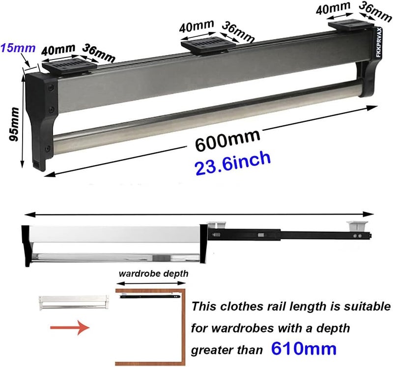 FKKPRVAX Closet Clothes Hanger Rail,Pull-out Closet Rod 30-60cm,Wardrobe Clothing Rail,Closet Organizer Rack for Pants and Coat (600MM/23.6INCH) - Image 2