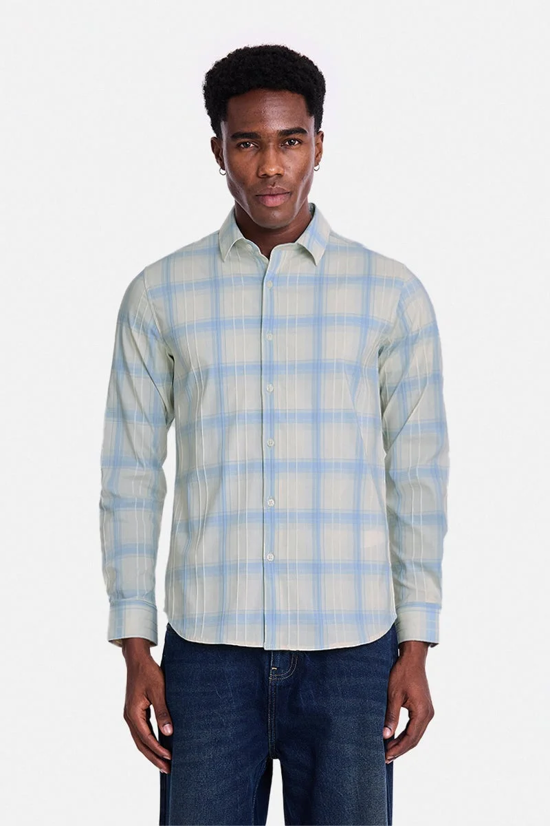 SNITCH Cream Checkered Long Sleeve Slim Fit Shirt