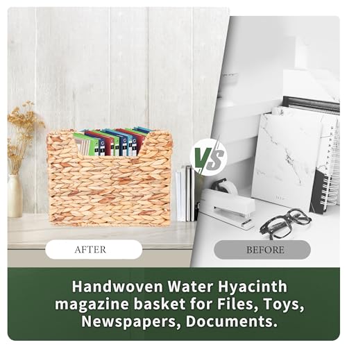 Boershun Magazines Holder - Wicker Magazine Rack, Handwoven Magazine Holders for Bathroom, Magazine Organizer for Books, Newspaper, Water Hyacinth Magazine Basket, 14.2 x 11.4 x 6.7 inch - Image 4