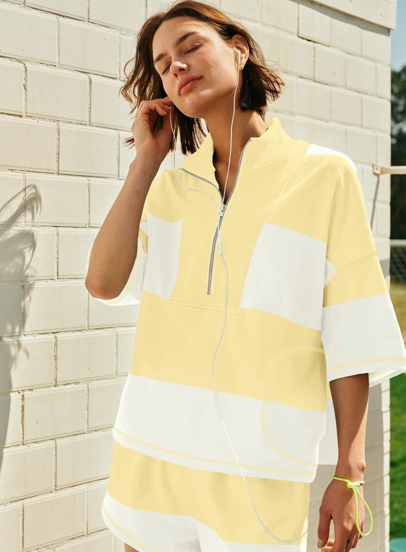 Yanekop Womens Summer Striped Short Set Matching Lounge Sets 2 Piece Outfits Two piece Workout Sets with Pockets(Yellow White Mixed,S) - Image 5
