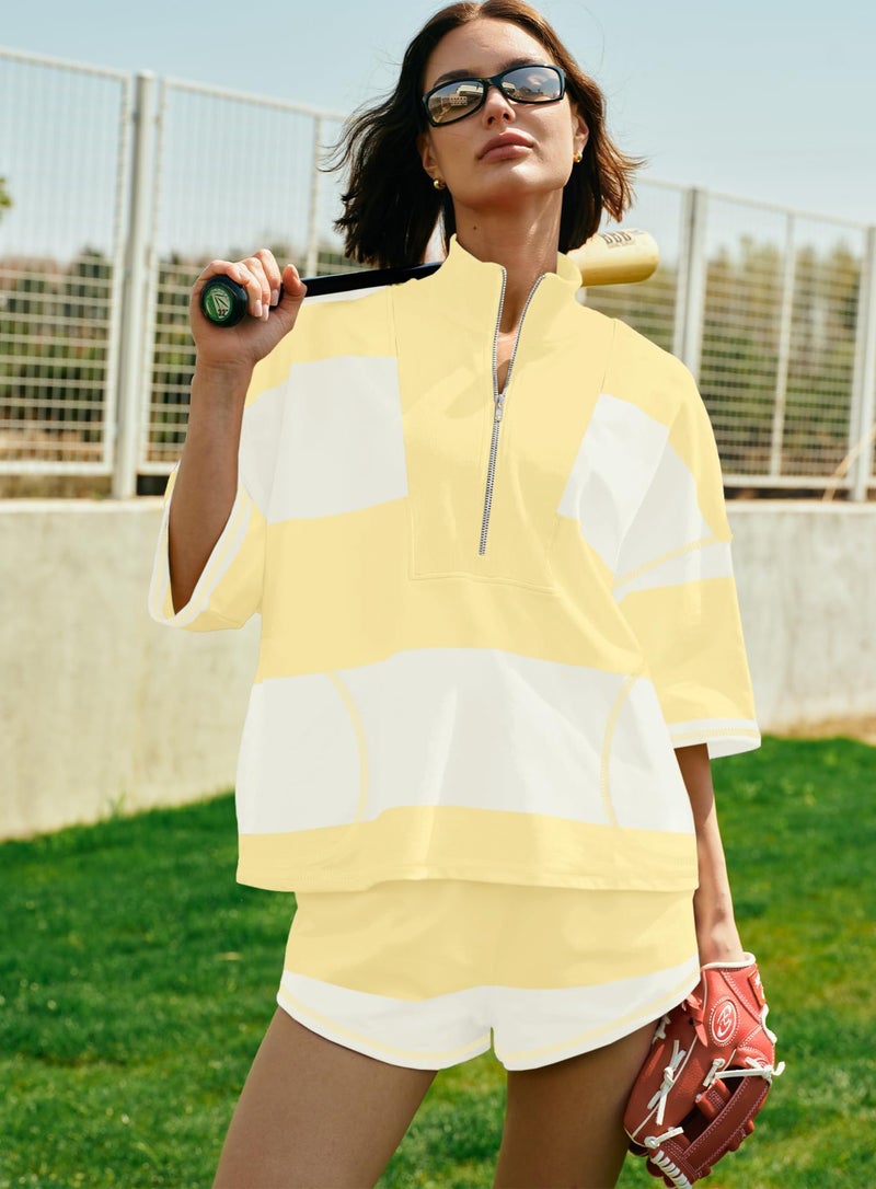 Yanekop Womens Summer Striped Short Set Matching Lounge Sets 2 Piece Outfits Two piece Workout Sets with Pockets(Yellow White Mixed,S) - Image 4