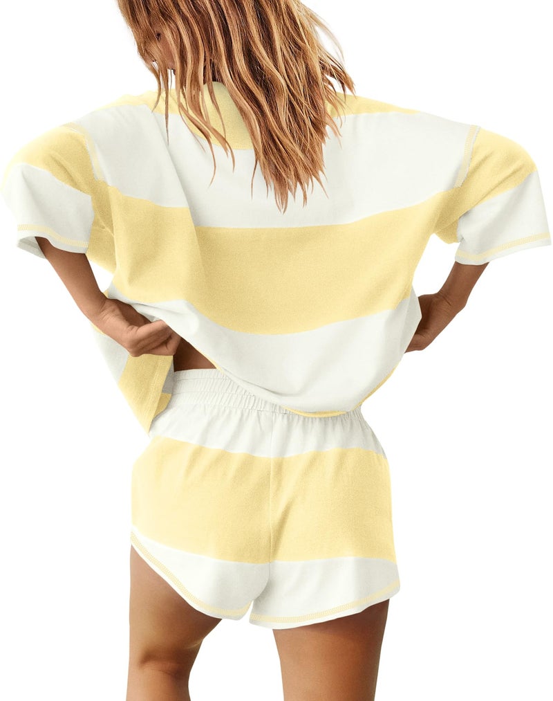 Yanekop Womens Summer Striped Short Set Matching Lounge Sets 2 Piece Outfits Two piece Workout Sets with Pockets(Yellow White Mixed,S) - Image 3