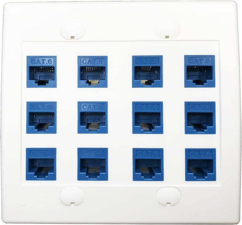 DIYTECH 12 Port Ethernet Wall Plate, Cat 6, Wall Outlet, RJ45 Female to Female Keystone Jacks - White - Image 2