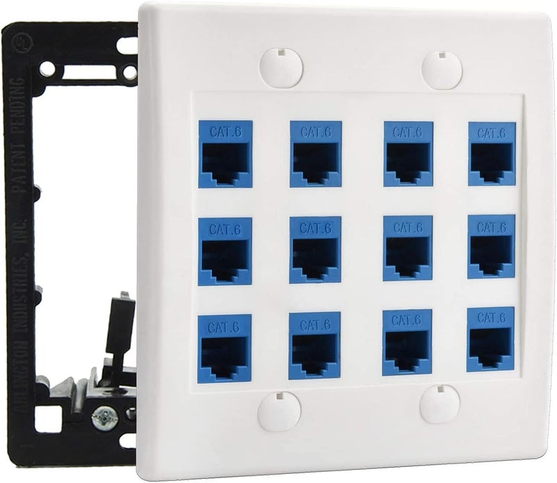 DIYTECH 12 Port Ethernet Wall Plate, Cat 6, Wall Outlet, RJ45 Female to Female Keystone Jacks - White - Image 1