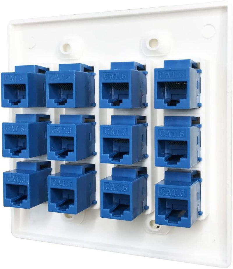 DIYTECH 12 Port Ethernet Wall Plate, Cat 6, Wall Outlet, RJ45 Female to Female Keystone Jacks - White - Image 3