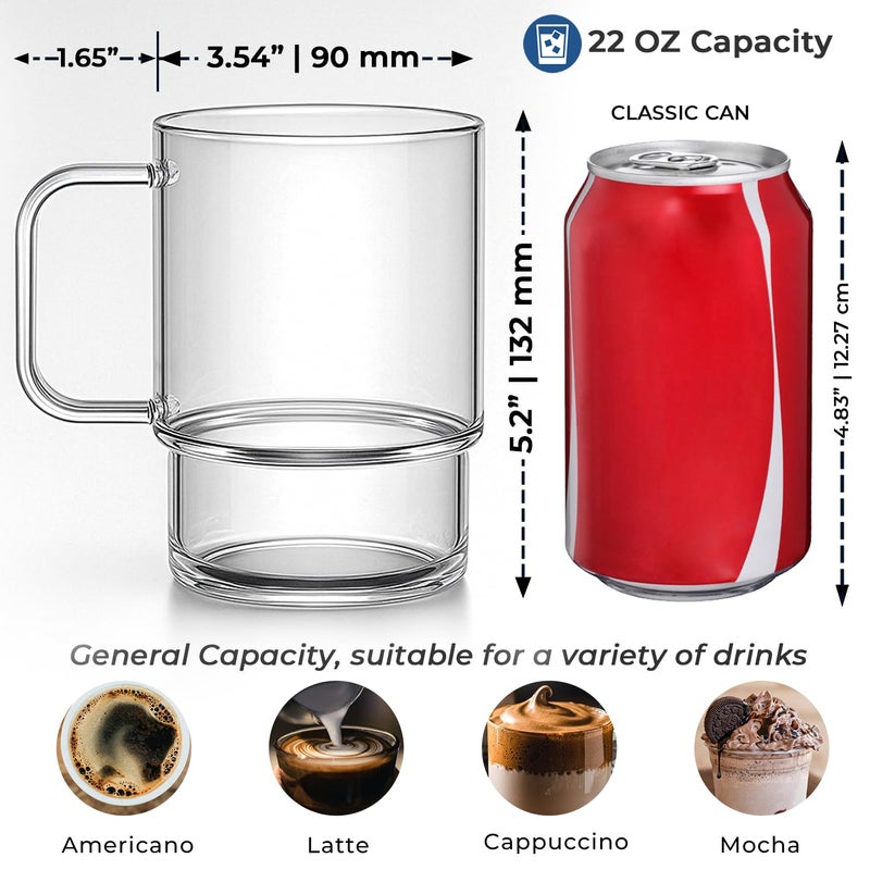 Aquach 22oz Stackable Glass Mugs with Handle, Set of 2 - Large Clear Coffee Cups for Latte, Cappuccino, Mocha, Americano, and Tea - Image 5