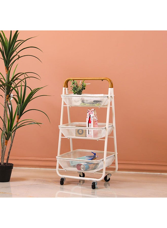 دانوب هوم Oliver 3 Tier Rolling Bath Storage Cart Adjustable Movable Rolling Storage Cart Removable Baskets Storage Trolley With Wooden Handle - White L42XW48XH88Cm - Image 1