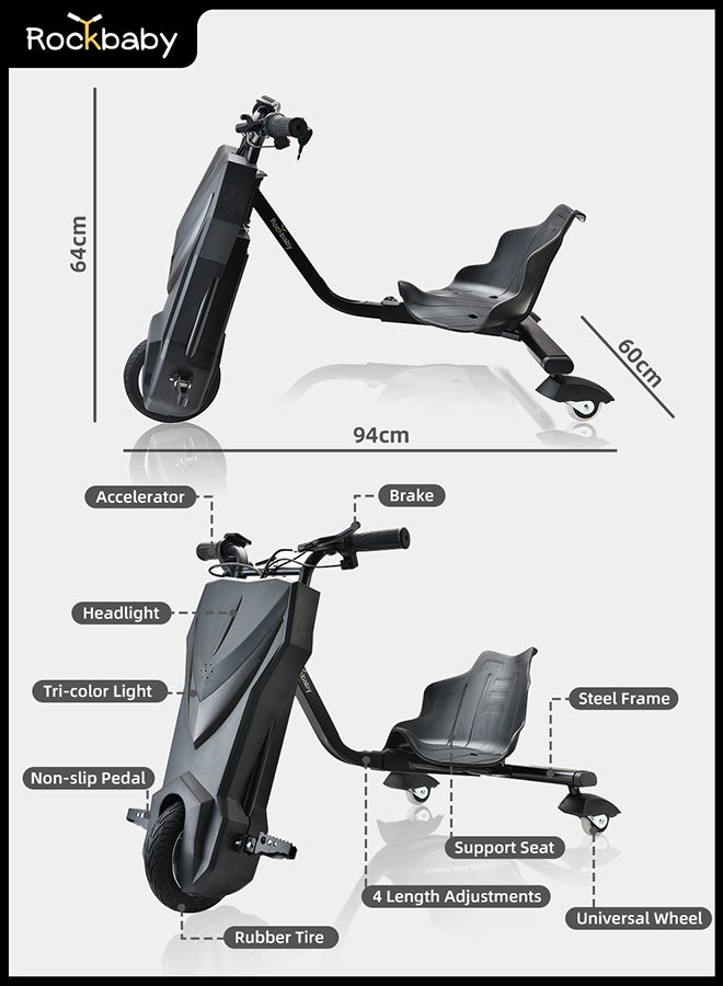 Rockbaby 36V High-Power 360°Children/Adult Electric Drifting Scooter-Adjustable With Bluetooth And Protective Gear 68.5X54X21cm Black - Image 5