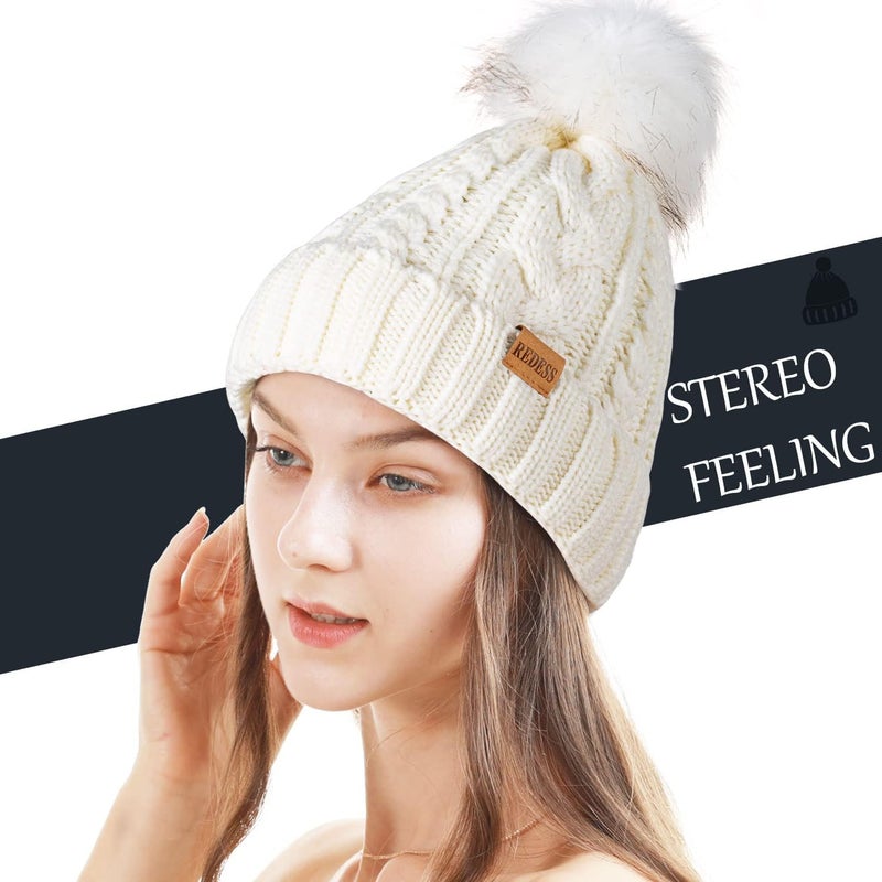 REDESS Women Winter Pompom Beanie Hat with Warm Fleece Lined, Thick Slouchy Snow Knit Skull Ski Cap - Image 1