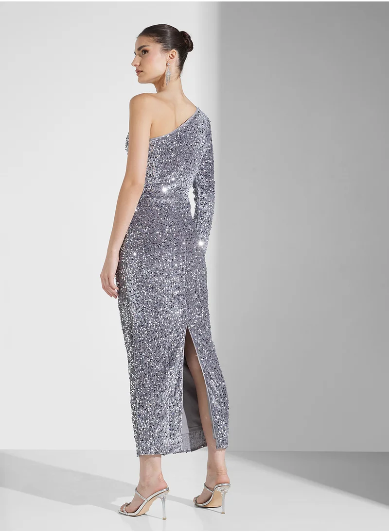 جينجر One Shoulder Sequin Embellished Evening Dress In Silver