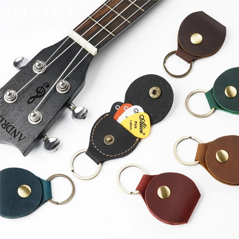 Quarter Holder Keychain 6pcs Genuine Leather Guitar Picks Holder Case with Key Ring, Vintage Guitar Plectrums Organizer Case for Guitar Parts Accessories for Coins Medallions(Brown) - Image 2