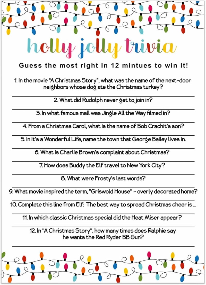 Paper Clever Party Festive Lights Christmas Trivia Party Games for Adults, Groups, Thanksgiving, Office, Holiday Movie and Song Activity, Colorful Xmas, 25 Pack, 5x7 Cards, Version 3 - Image 1