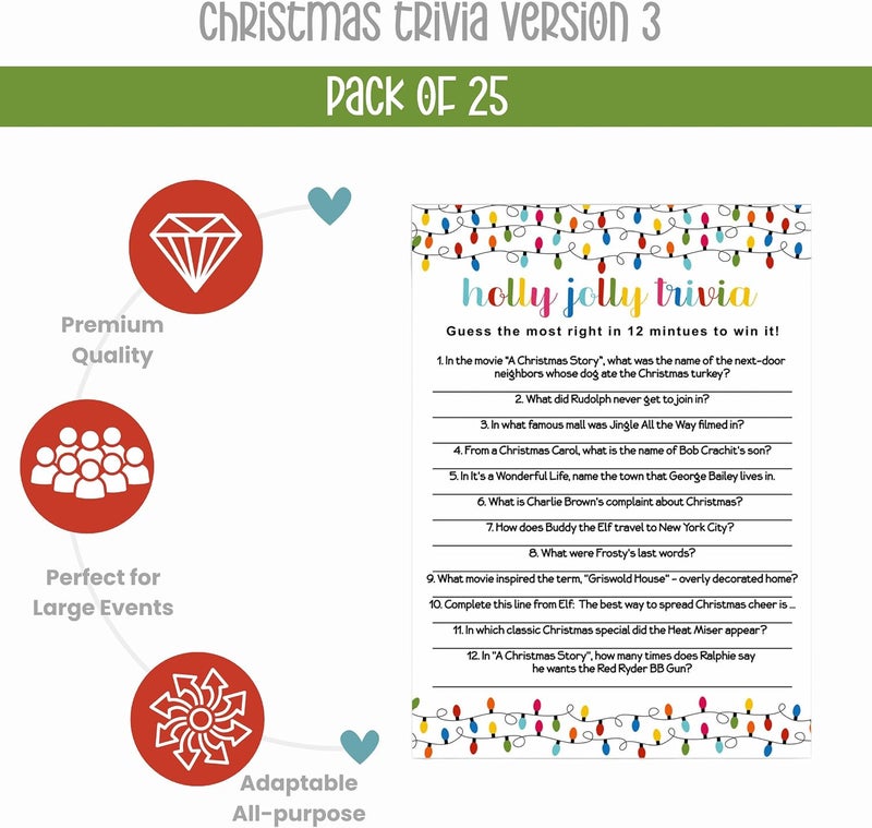 Paper Clever Party Festive Lights Christmas Trivia Party Games for Adults, Groups, Thanksgiving, Office, Holiday Movie and Song Activity, Colorful Xmas, 25 Pack, 5x7 Cards, Version 3 - Image 2