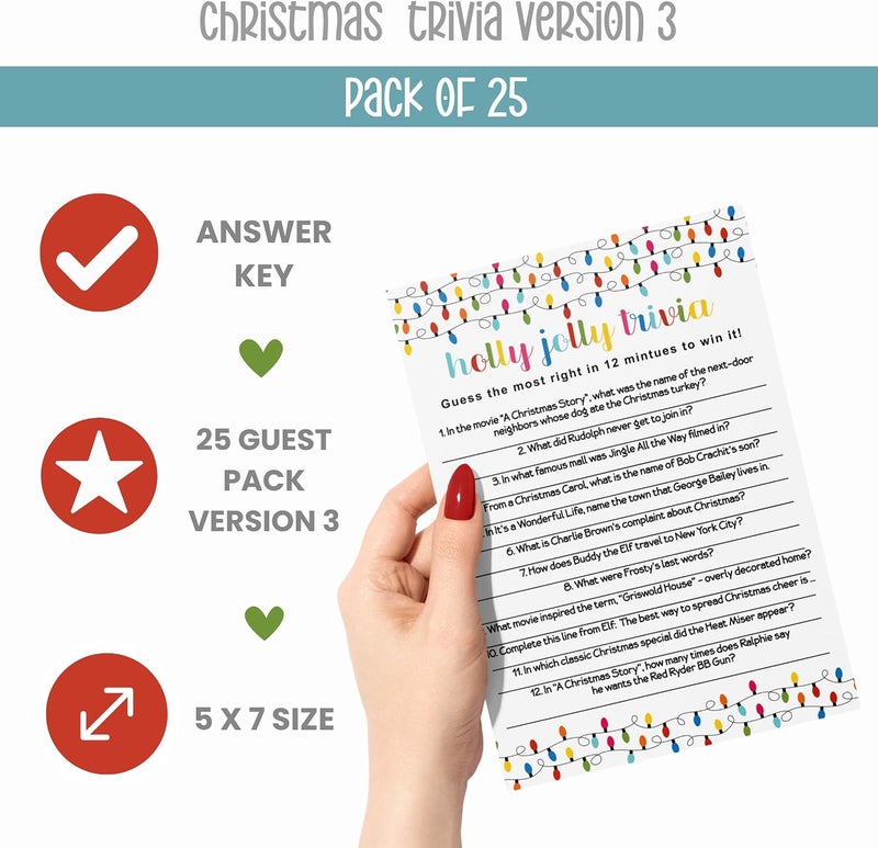 Paper Clever Party Festive Lights Christmas Trivia Party Games for Adults, Groups, Thanksgiving, Office, Holiday Movie and Song Activity, Colorful Xmas, 25 Pack, 5x7 Cards, Version 3 - Image 5