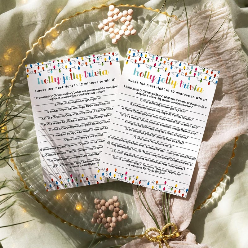 Paper Clever Party Festive Lights Christmas Trivia Party Games for Adults, Groups, Thanksgiving, Office, Holiday Movie and Song Activity, Colorful Xmas, 25 Pack, 5x7 Cards, Version 3 - Image 3