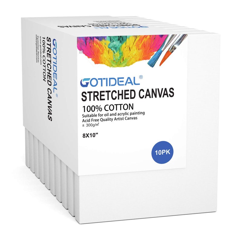 GOTIDEAL Stretched Canvas 8x10 Inch Set of 10 Primed White  100 Cotton Artist Canvas Boards for Painting Acrylic Pouring Oil Paint Dry  Wet Art Media