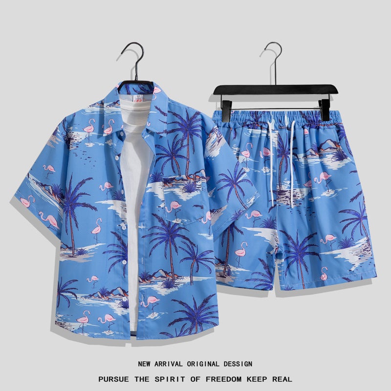 قميص شاطئي عصري للرجال صيف  إن Loose قصير الأكمام بدلة شورت عصرية أنيقة ملابس شاطئية مزهرة للأزواج - Image 1