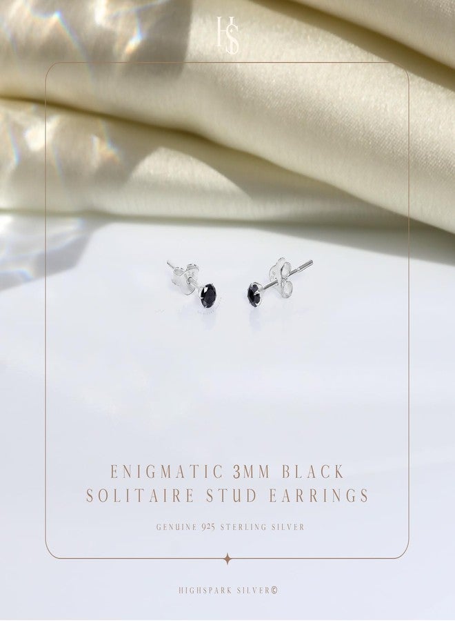HIGHSPARK 925 Silver Solitaire Black Stud Earrings | 92.5 Sterling Silver & Round Brilliant Cubic Zirconia Tops for Men Women Boys & Girls | Black 3mm - Image 3