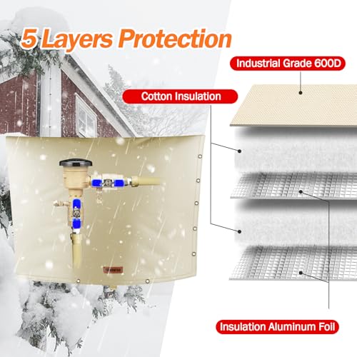 TOHONFOO 2-Way Opening Backflow Preventer Pipe Insulation Cover (5°F) - Irrigation Sprinkler Valve Cover - Water Well Pump Cover - Sturdy 5 Layers for Winter Freeze Protection (36" W x 24" H, Beige) - Image 3