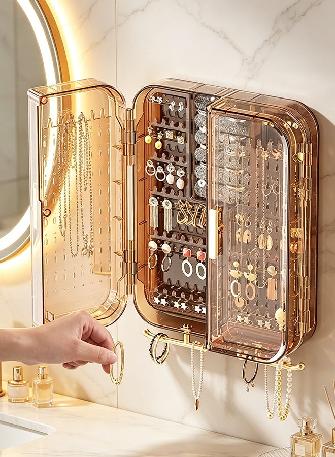 Wall Mounted Jewelry Organizer, No Drilling Dustproof Clear Jewelry Box with Door and Hooks, Multi-Compartment Earring Necklace Holder for Bedroom, Bathroom and Vanity (Brown) - Image 1