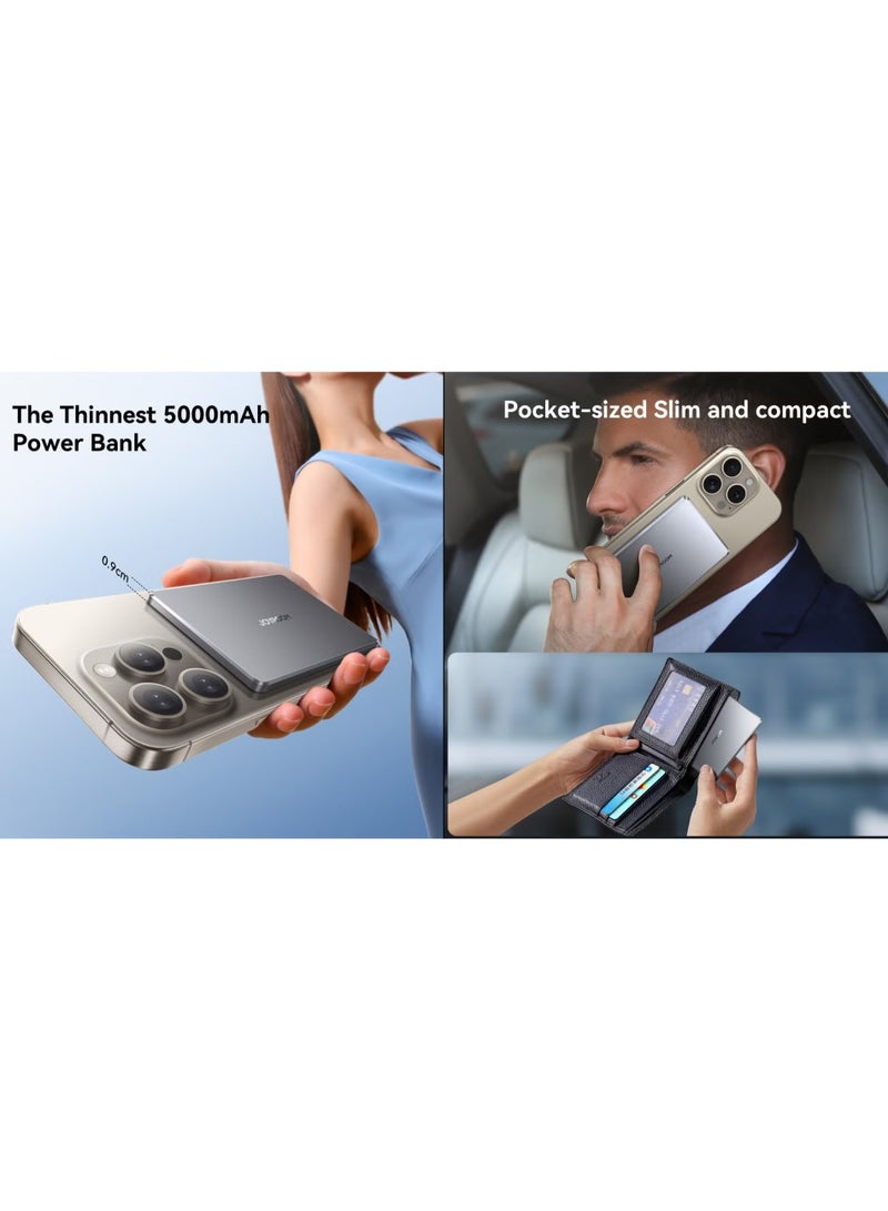 JAJEEK 5000mAh 20W Ultra-Thin Magnetic Wireless Power Bank – 0.9cm Slim Design, Type-C & Lightning Input/Output, Fast Charging, Magnetic Power Bank with 60W Type-C to Type-C Cable, Space Grey - Image 2