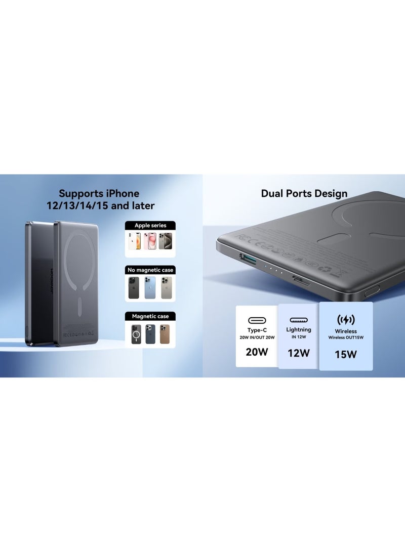 JAJEEK 5000mAh 20W Ultra-Thin Magnetic Wireless Power Bank – 0.9cm Slim Design, Type-C & Lightning Input/Output, Fast Charging, Magnetic Power Bank with 60W Type-C to Type-C Cable, Space Grey - Image 4