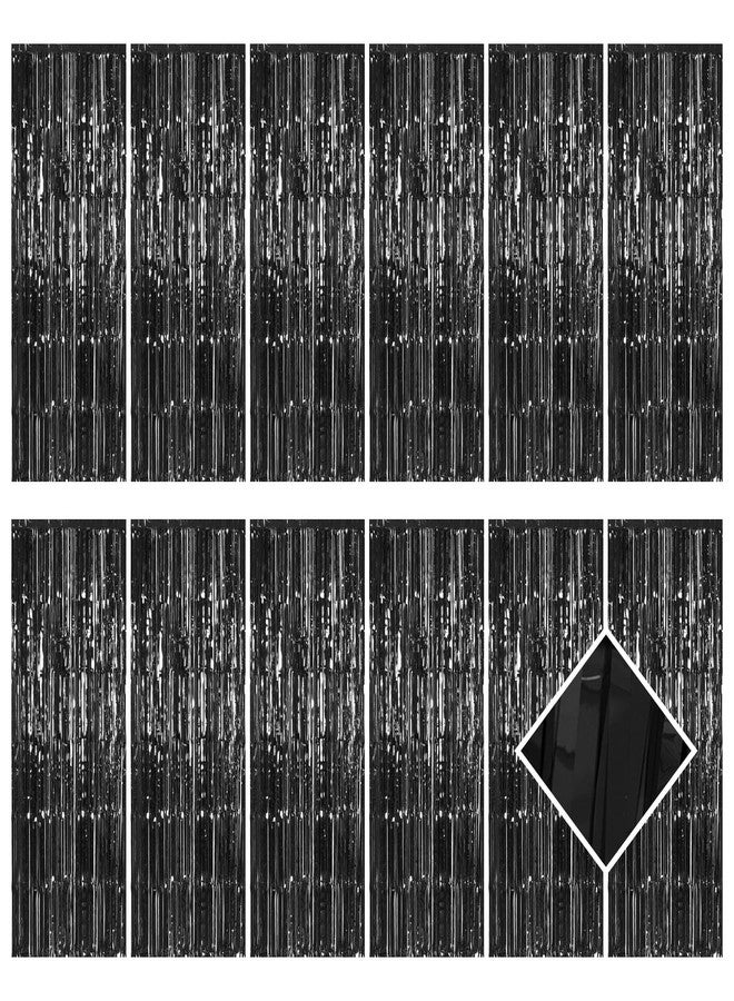 Ohiyoo 12 Pack Black Foil Curtain Backdrop 3.2ft x 6.6ft Metallic Tinsel Fringe Backdrop Curtains Streamer Photo Booth Backdrop for Birthday Engagement Bachelorette Christmas Holiday Party Decorations - Image 1