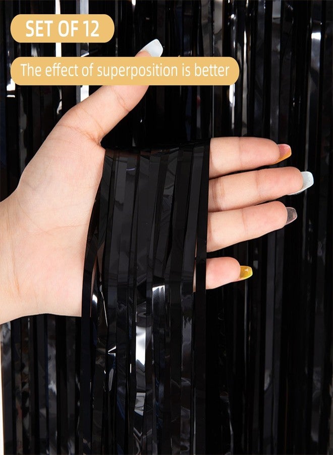 Ohiyoo 12 Pack Black Foil Curtain Backdrop 3.2ft x 6.6ft Metallic Tinsel Fringe Backdrop Curtains Streamer Photo Booth Backdrop for Birthday Engagement Bachelorette Christmas Holiday Party Decorations - Image 2