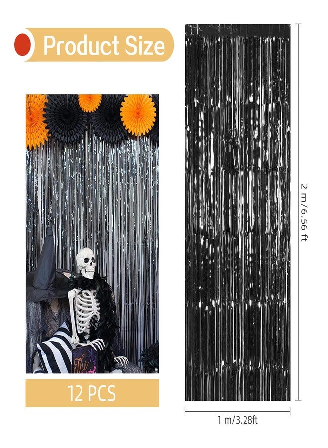 Ohiyoo 12 Pack Black Foil Curtain Backdrop 3.2ft x 6.6ft Metallic Tinsel Fringe Backdrop Curtains Streamer Photo Booth Backdrop for Birthday Engagement Bachelorette Christmas Holiday Party Decorations - Image 3