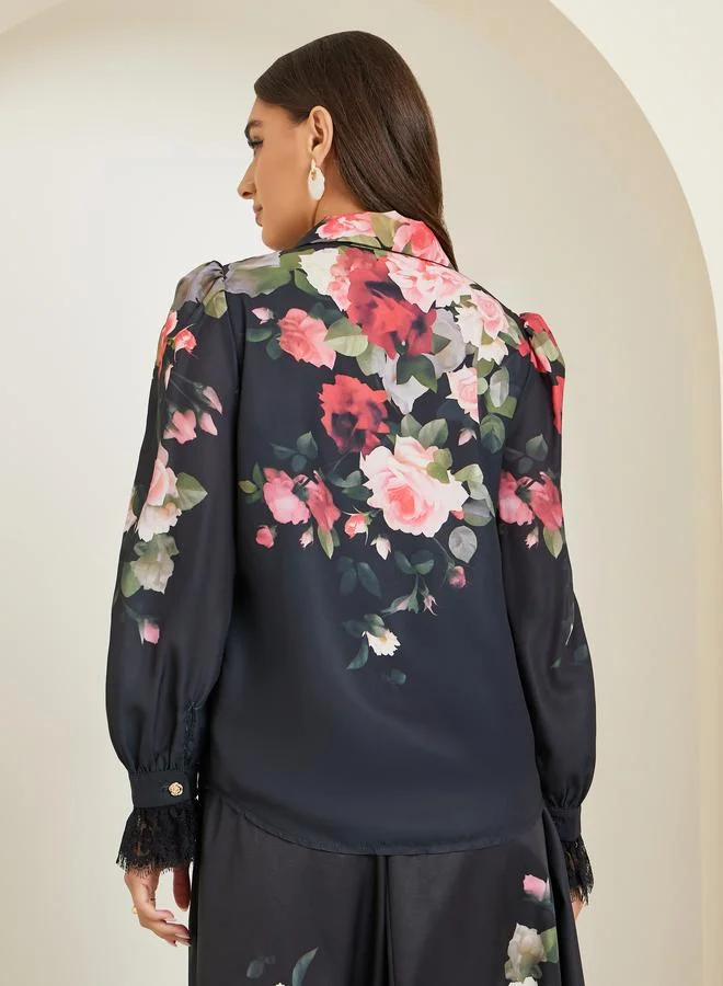 Styli  Women Black Floral Print Long Sleeve Shirt for Women | Best Price UAE