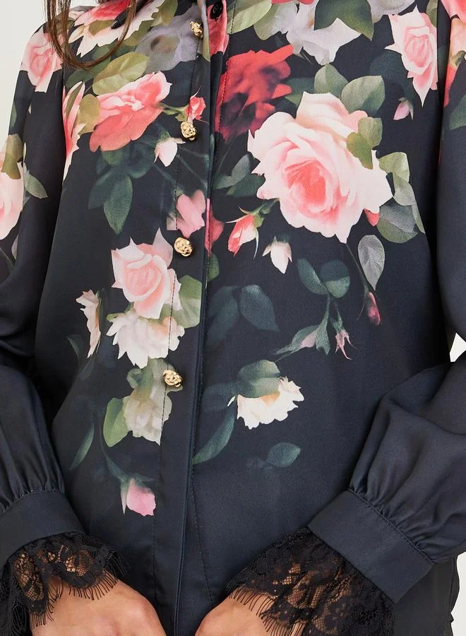 Styli  Women Black Floral Print Long Sleeve Shirt for Women | Best Price UAE